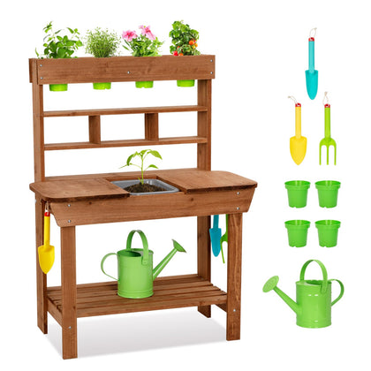 OOOK potting bench with removable sink for outdoor play and pretend gardening.