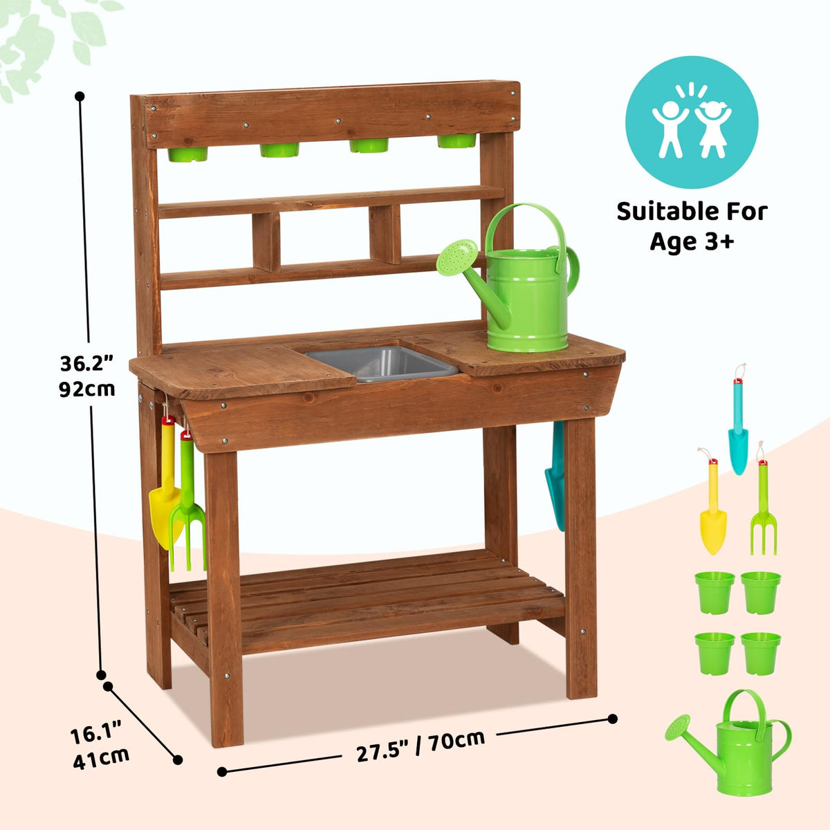 OOOK potting bench side hooks keep tools within easy reach.