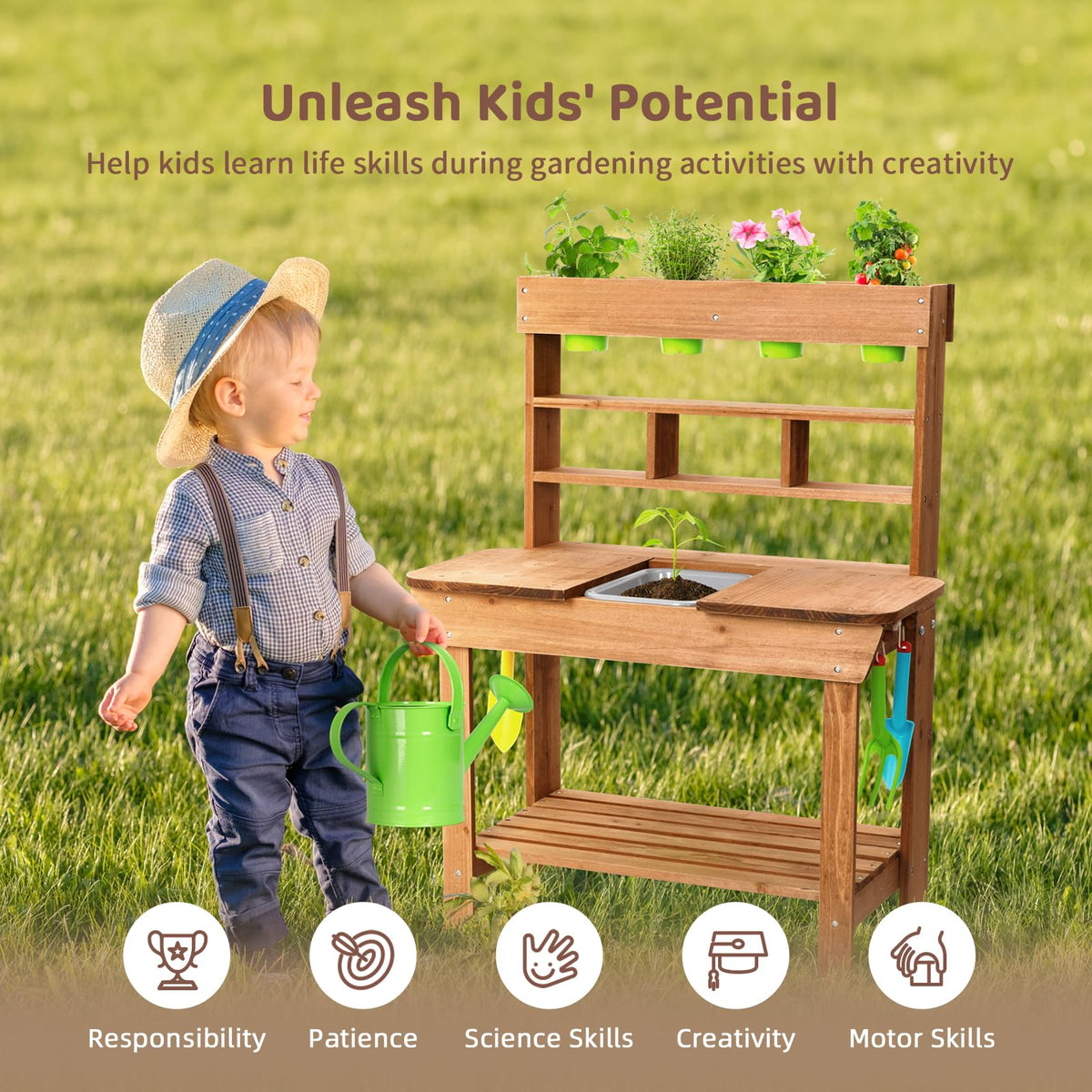 OOOK potting bench storage shelves help stay organized during play.