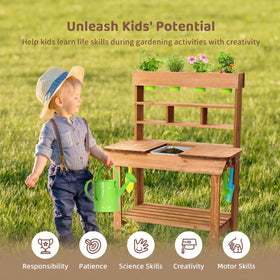OOOK potting bench storage shelves help stay organized during play.
