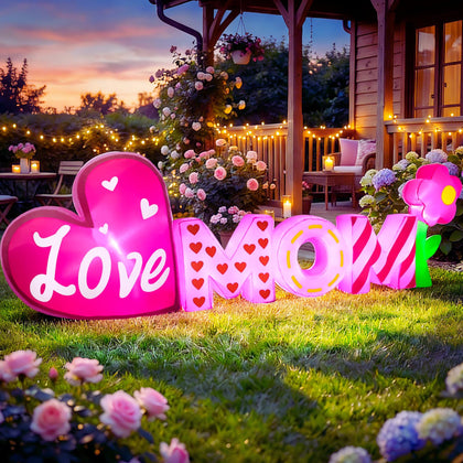 Opemon 9ft Mothers Day inflatable with Heart Love Mom design and bright LEDs for outdoor decor.