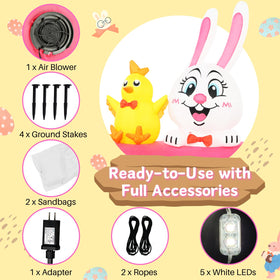 Opemon Easter inflatable includes stakes, ropes, and sandbag for stability.