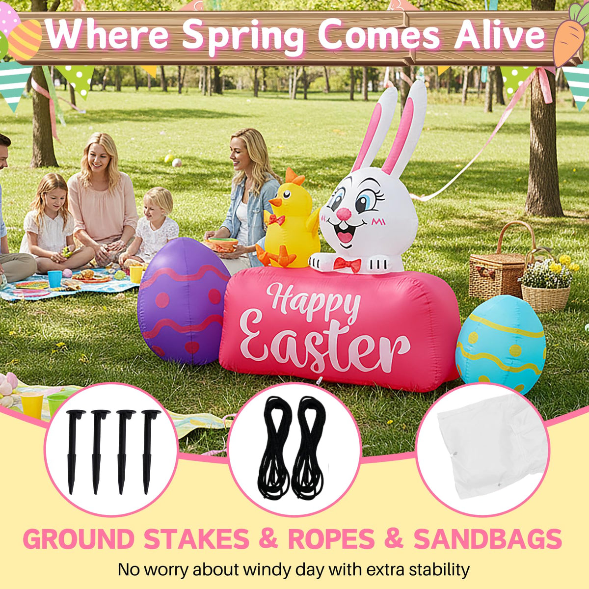 Opemon Easter inflatable happy Easter sign enhances yard welcome.