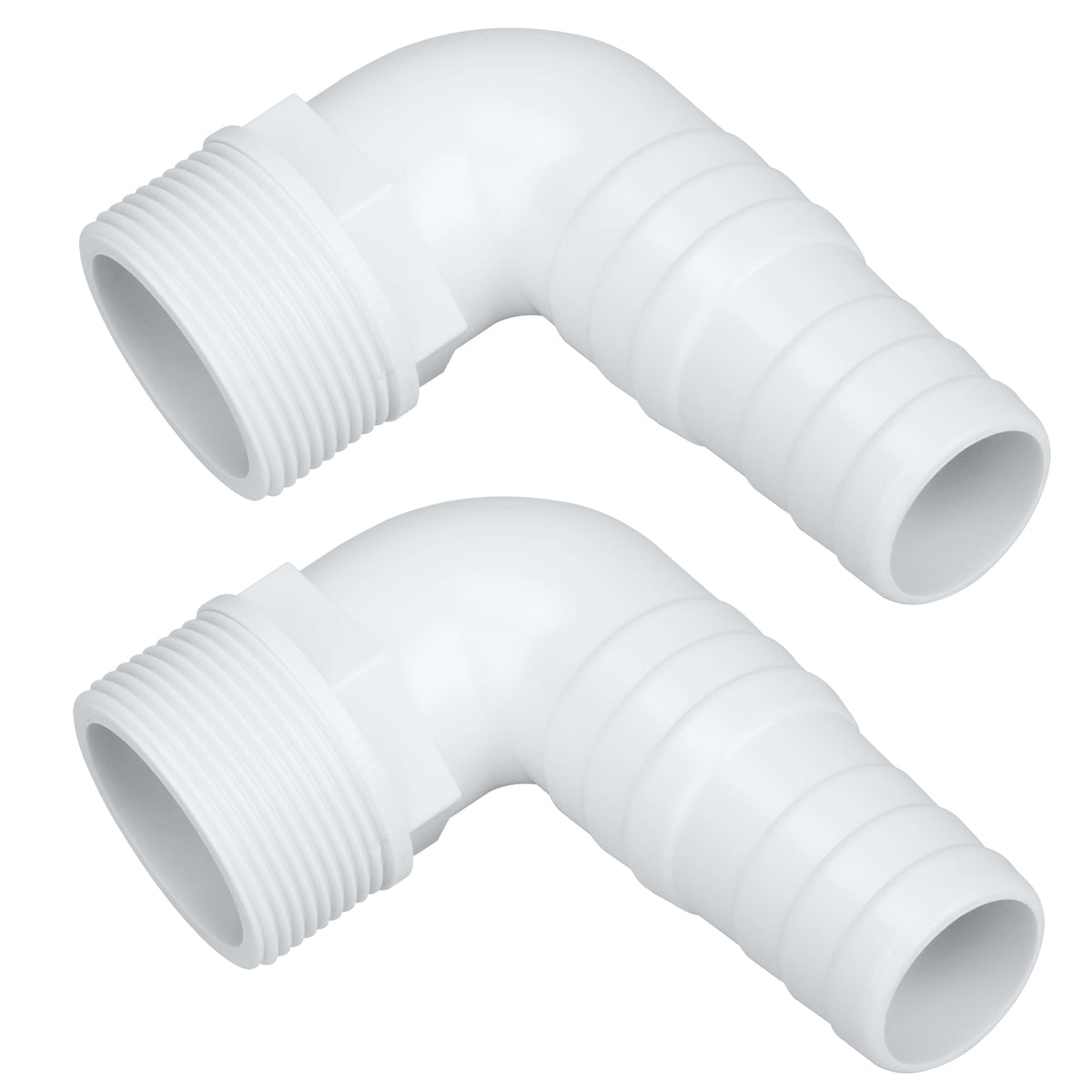 Ophjerg one-and-a-half-inch pool hose adapter assembly showing a secure 90-degree connection