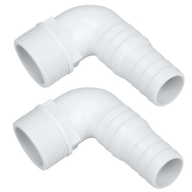 Ophjerg one-and-a-half-inch pool hose adapter assembly showing a secure 90-degree connection