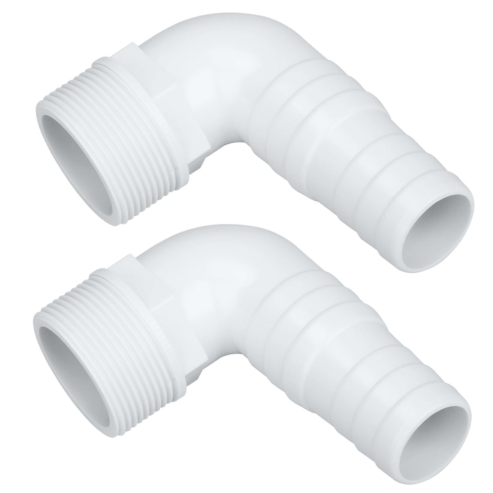 Ophjerg one-and-a-half-inch pool hose adapter assembly showing a secure 90-degree connection