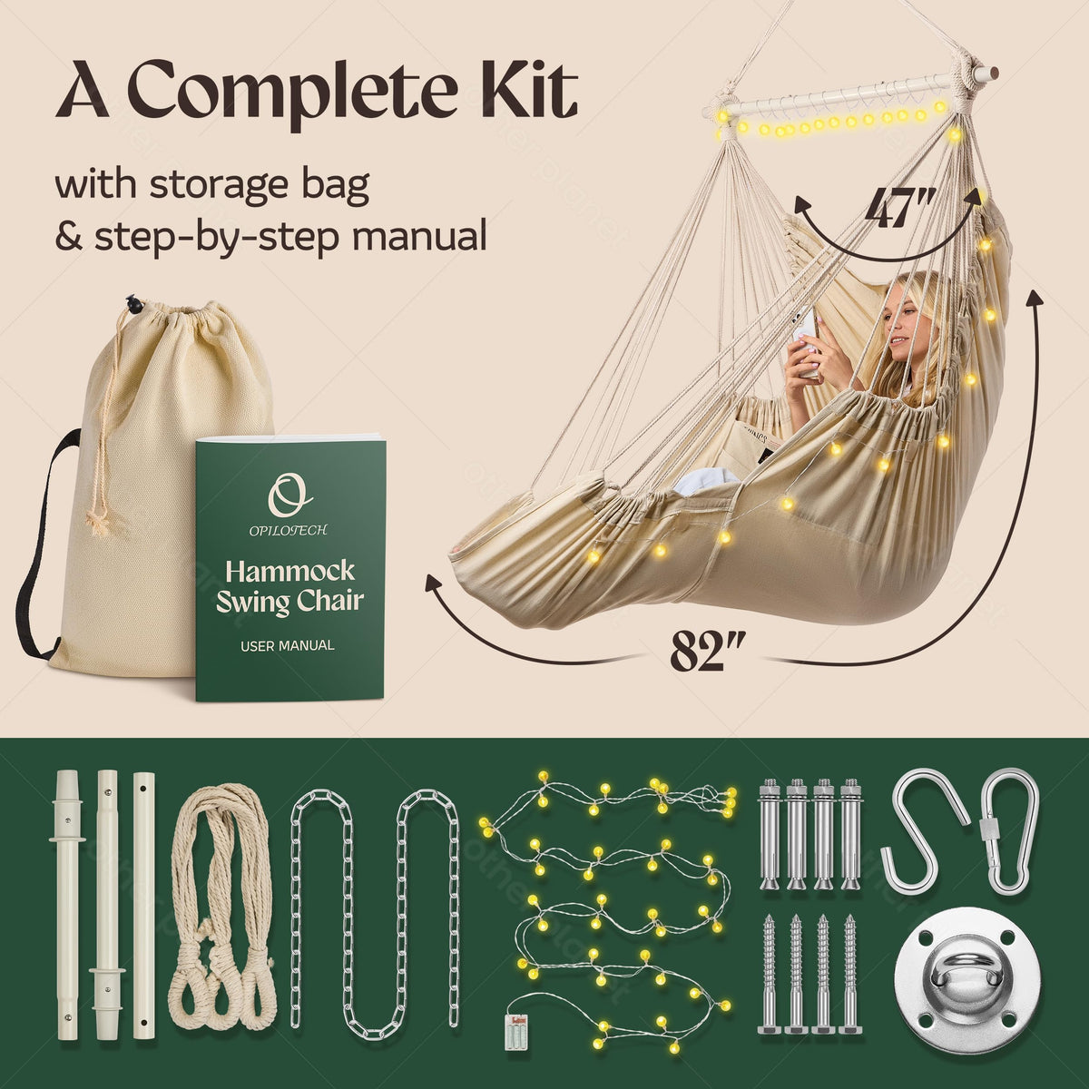 OPILOTECH hammock swing chair with LED lights creates cozy ambiance