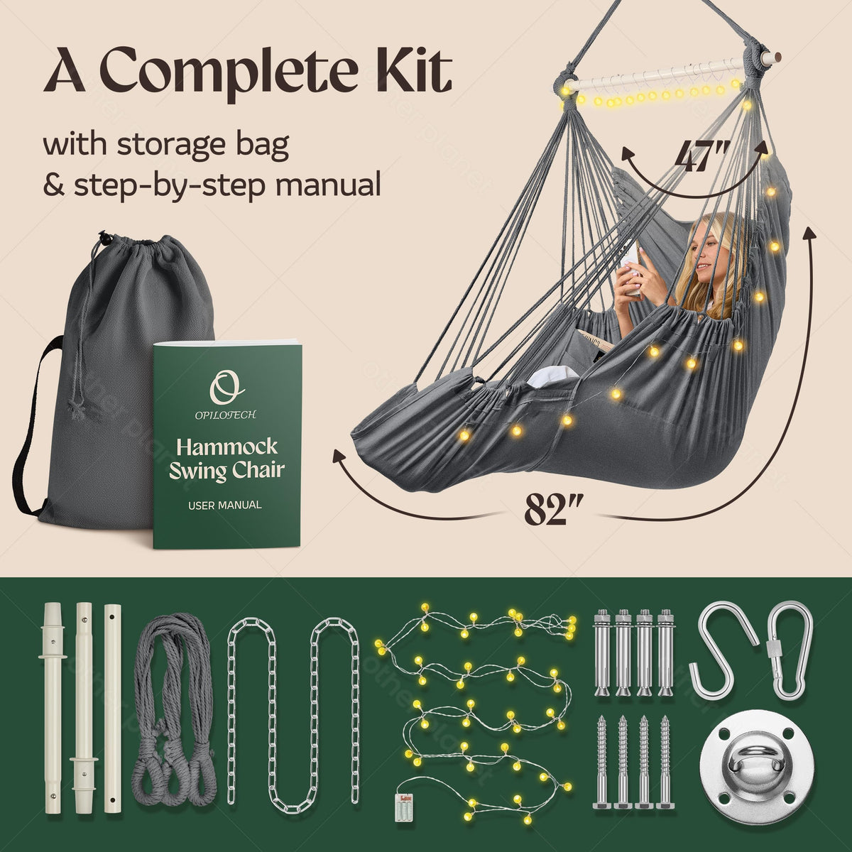 OPILOTECH Hammock Swing Chair LED lights create warm ambient glow.
