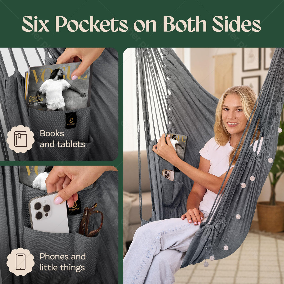 OPILOTECH Hammock Swing Chair six pockets for essentials at hand.