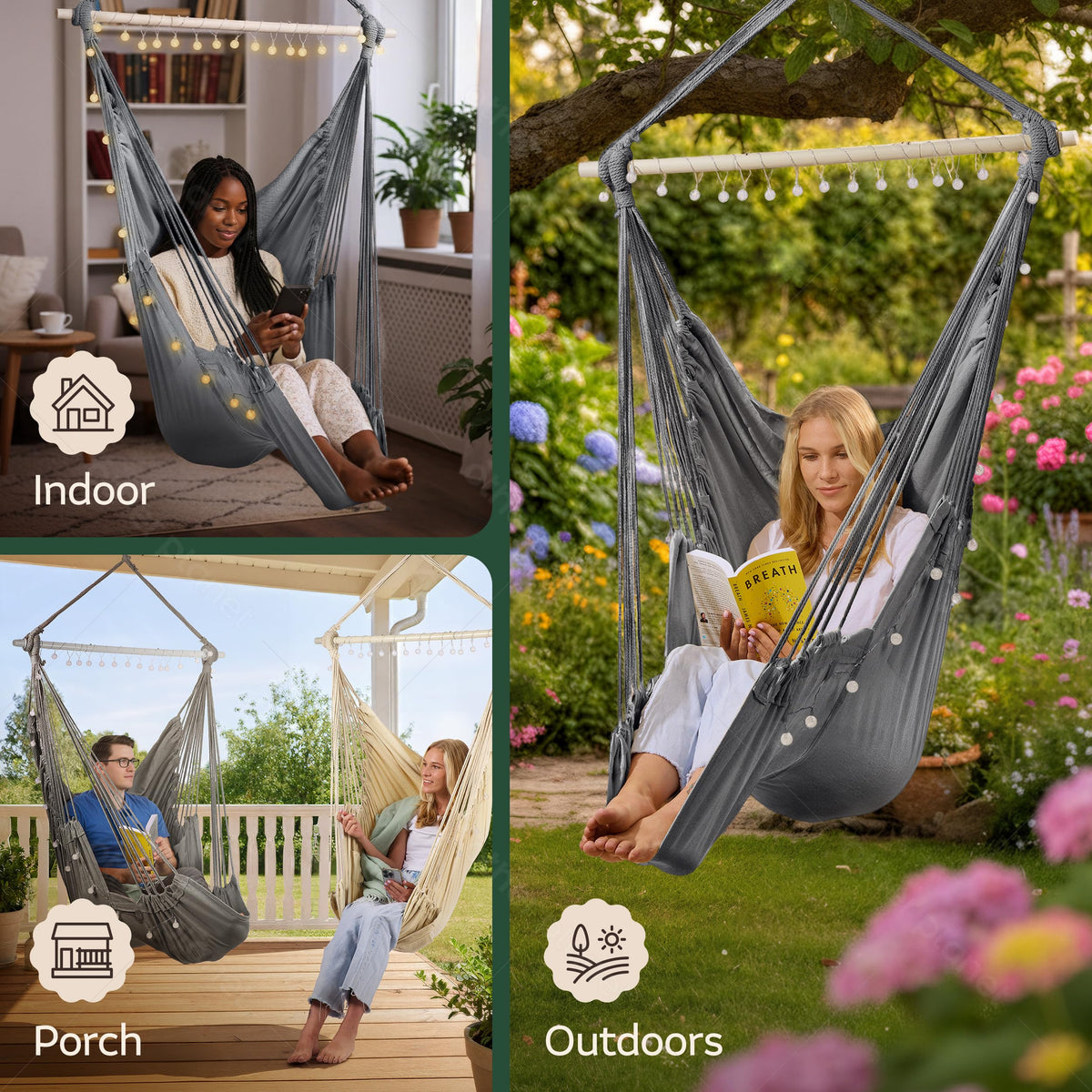 OPILOTECH Hammock Swing Chair spreader bar provides stable suspension.