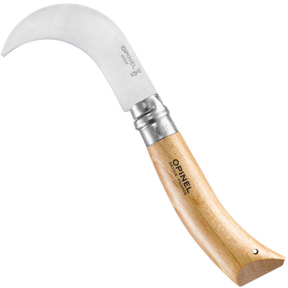 Opinel No. 10 pruning knife curved blade for precise pruning tasks.