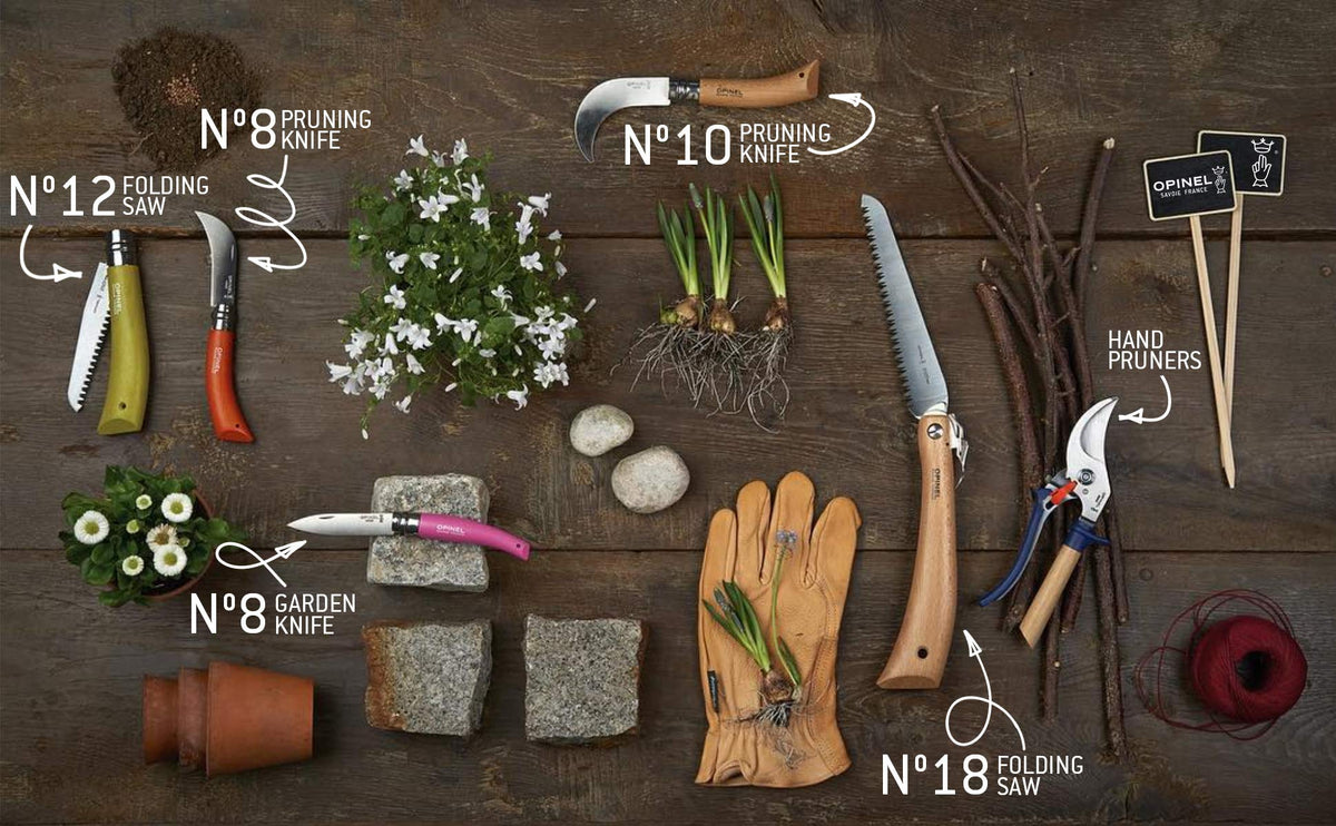 Opinel No. 10 pruning knife shown in garden use for pruning and grafting tasks.