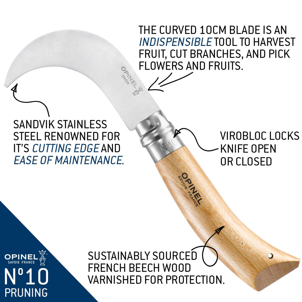 Opinel No. 10 pruning knife stainless steel resists corrosion in outdoor use.