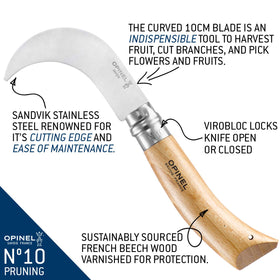 Opinel No. 10 pruning knife stainless steel resists corrosion in outdoor use.