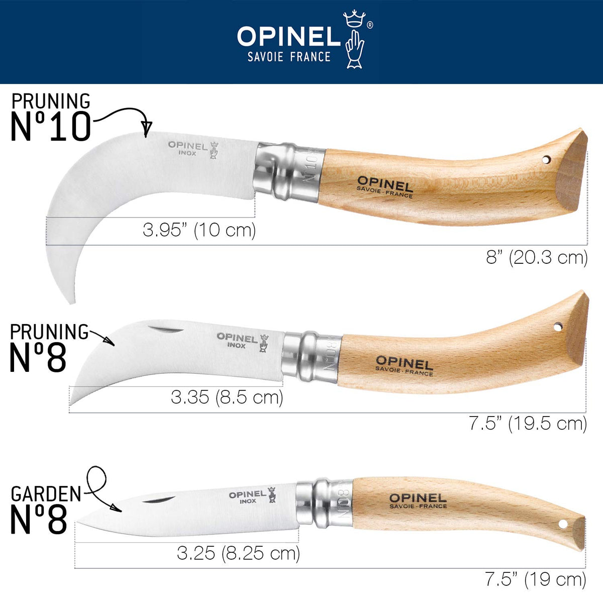 Opinel No. 8 Yatagan blade enables precise cuts in garden tasks.