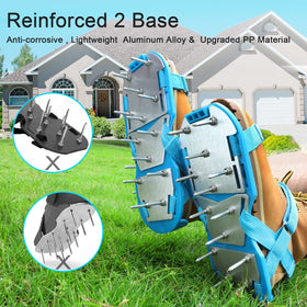Opmeiro lawn aerator shoes showcase an aluminum base for durable, stable steps.