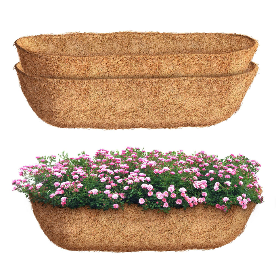 Oppiiwee 30-inch trough coco liner shown, sustainable plant container upgrade.