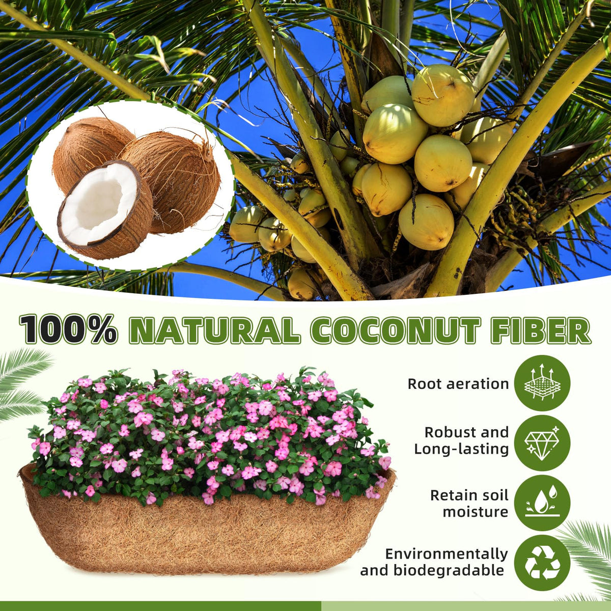Oppiiwee 36-inch coconut coir garden-basket liner supports diverse plants with easy care