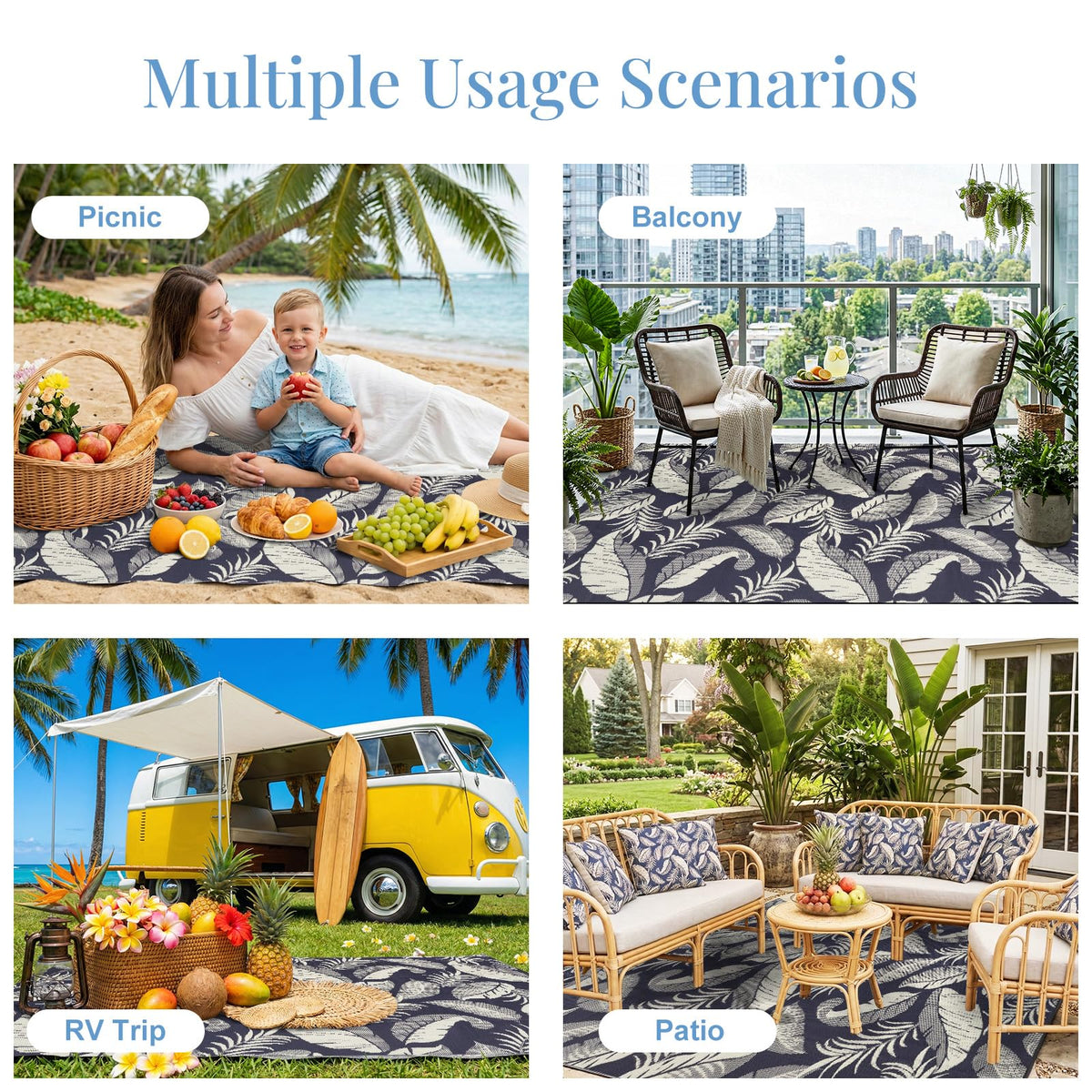 OPPODREAM navy and cream color rug ideal for porches, balconies, and RV trips.