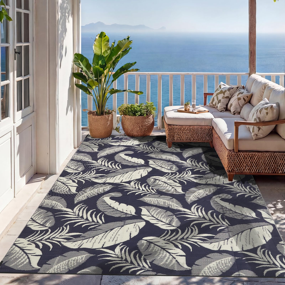 OPPODREAM weatherproof patio rug highlighting waterproof and UV-treated colors.