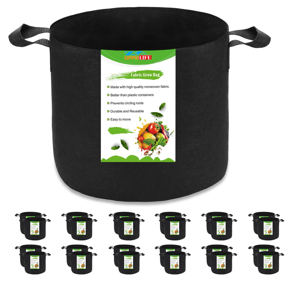 OPPOLIFE 24-pack 3-gallon grow bags arranged for garden planting and setup.
