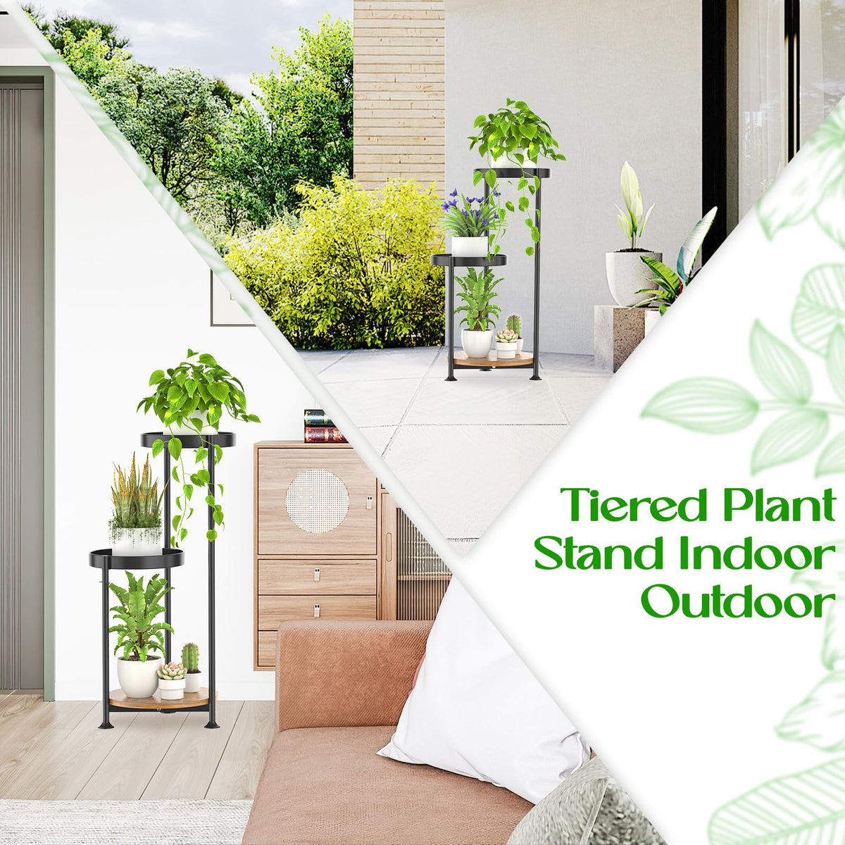 Oppro plant stand on outdoor patio with greenery and weather-ready frame