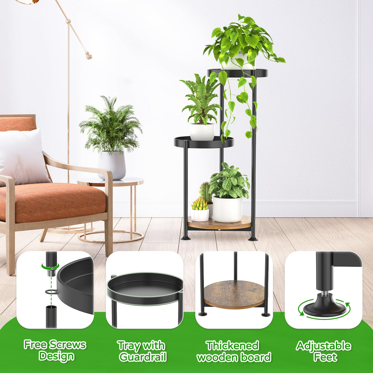 Oppro 3 tier plant stand tall slim profile for indoor and outdoor use