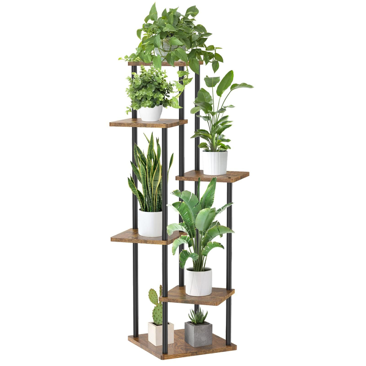 Oppro 6-tier tall plant stand with wooden frame maximizes sunlight access.