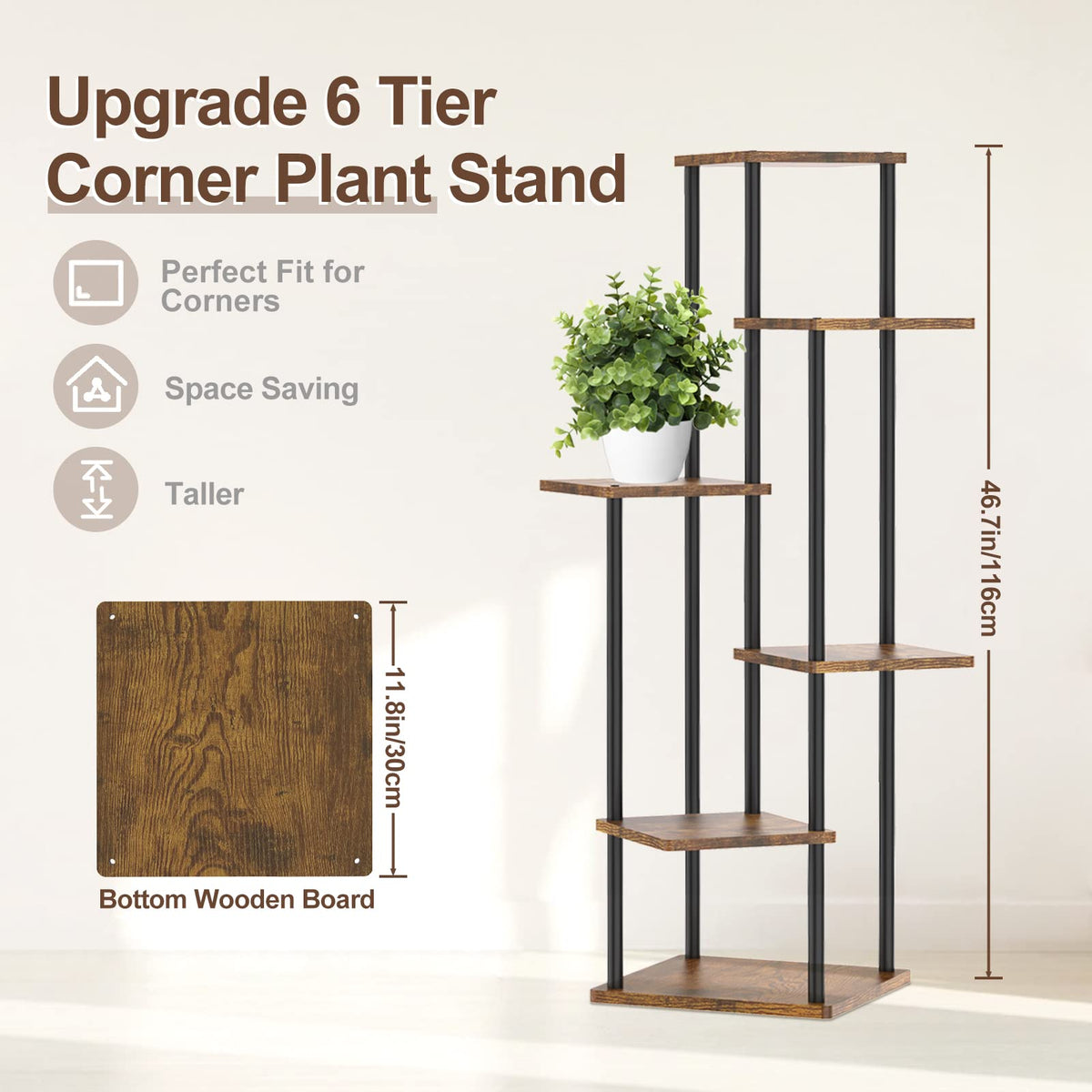Oppro plant stand side view in wood and metal shows sturdy construction.