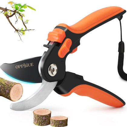 Oppsiue 8-inch pruning shears blade close-up shows sharp, durable Japanese SK5 steel
