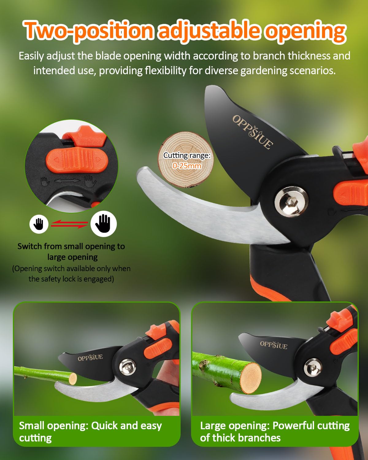 Oppsiue 8-inch pruning shears safety lock engaged for secure storage