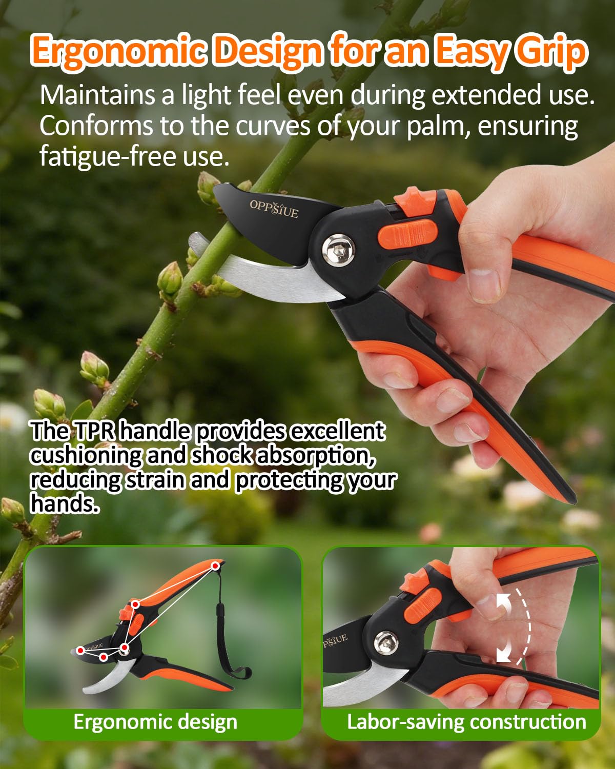 Oppsiue 8-inch pruning shears with Teflon coating resisting sap and rust