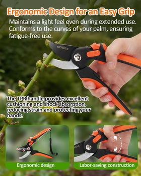 Oppsiue 8-inch pruning shears with Teflon coating resisting sap and rust