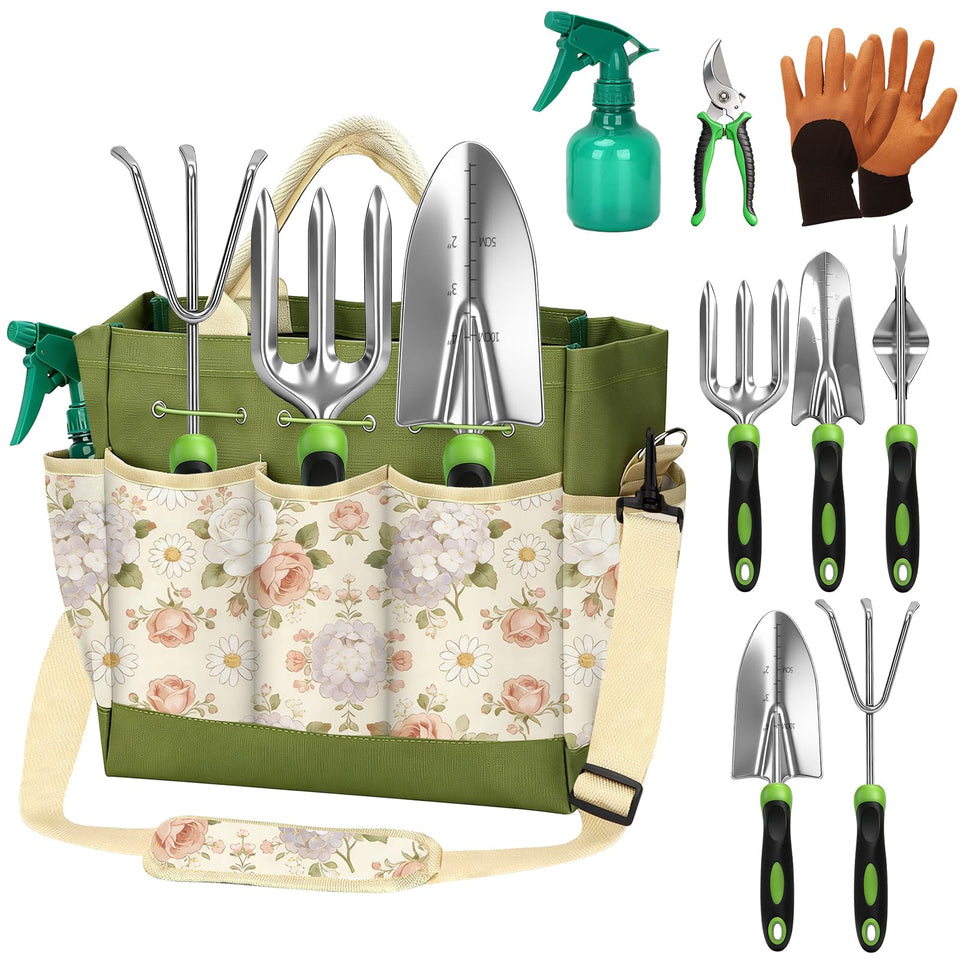 Oppsiue 9-piece garden tool set laid out for complete gardening tasks