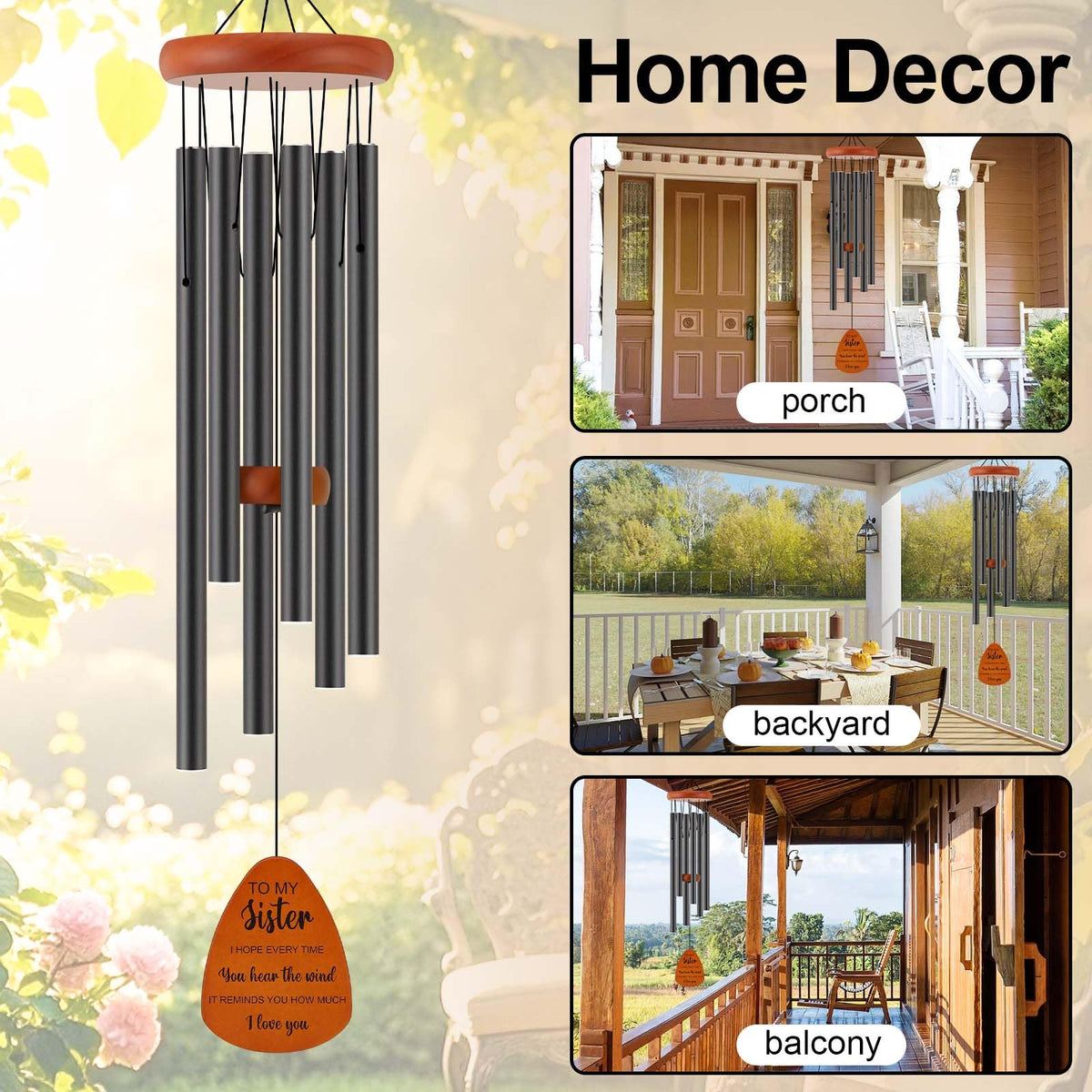Oprever wind chime with black aluminum tubes delivers clear tones.