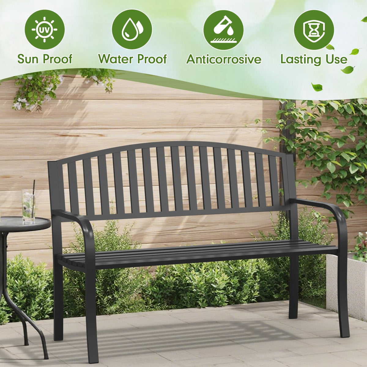 Optmspic weatherproof finish resists rust for year-round porch and patio enjoyment.