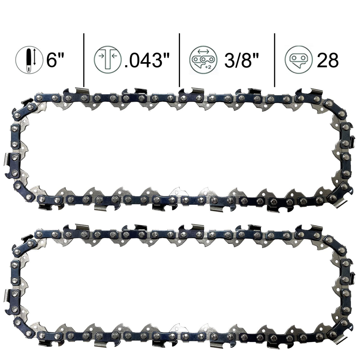 Opuladuo replacement chain shows 3/8 pitch and 0.043 gauge for precise trimming