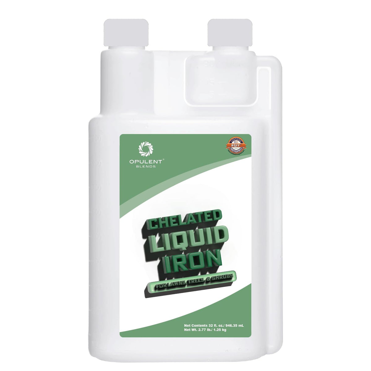 Opulent Blends chelated liquid iron bottle pour for greener lawn and vibrant color.