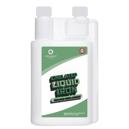 Opulent Blends chelated liquid iron bottle pour for greener lawn and vibrant color.