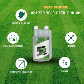 Opulent Blends chelated liquid iron spray application supports even uptake by trees and shrubs.