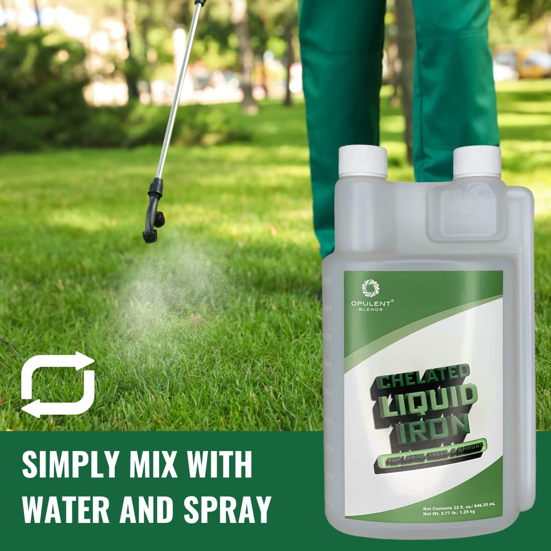 Opulent Blends chelated liquid iron tree shrub foliage promotes lush leaves and improved canopy.