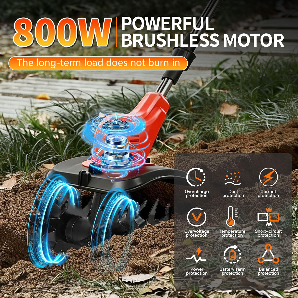Opuliv cordless tiller spinning at 360 rpm for fast soil prep.