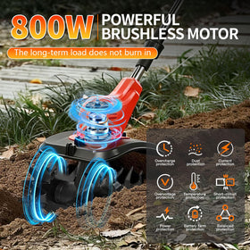 Opuliv cordless tiller spinning at 360 rpm for fast soil prep.