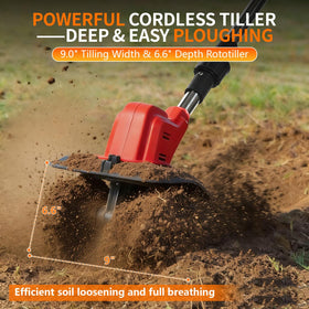 Opuliv cordless tiller depth and width guide for precise tilling.