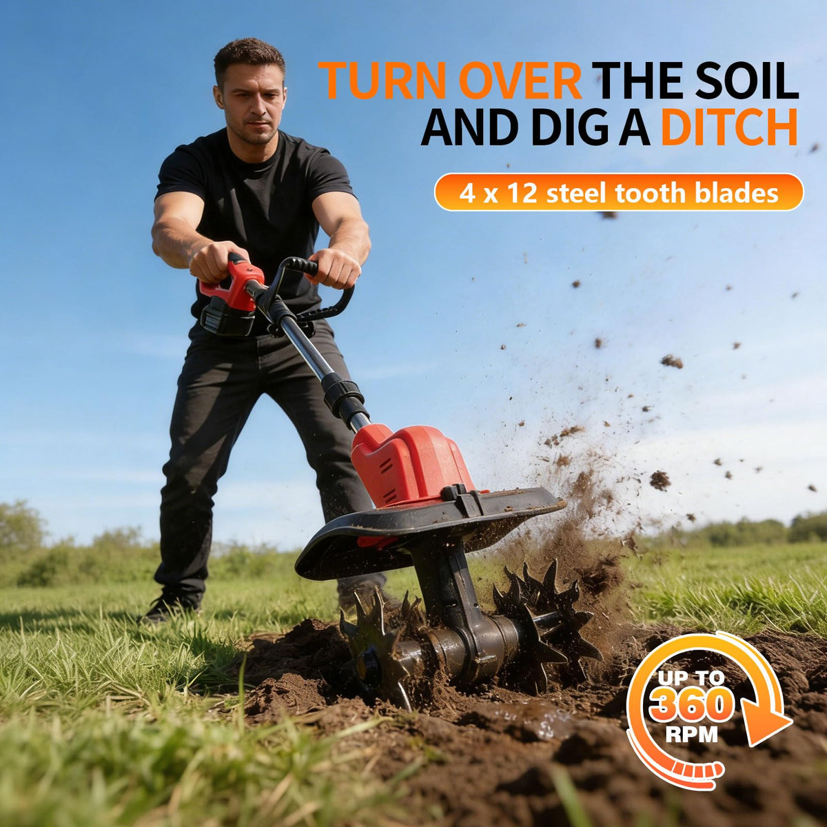 Opuliv cordless tiller ergonomic handle reducing wrist fatigue during use.