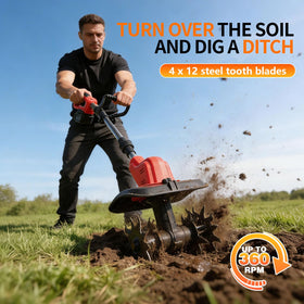 Opuliv cordless tiller ergonomic handle reducing wrist fatigue during use.