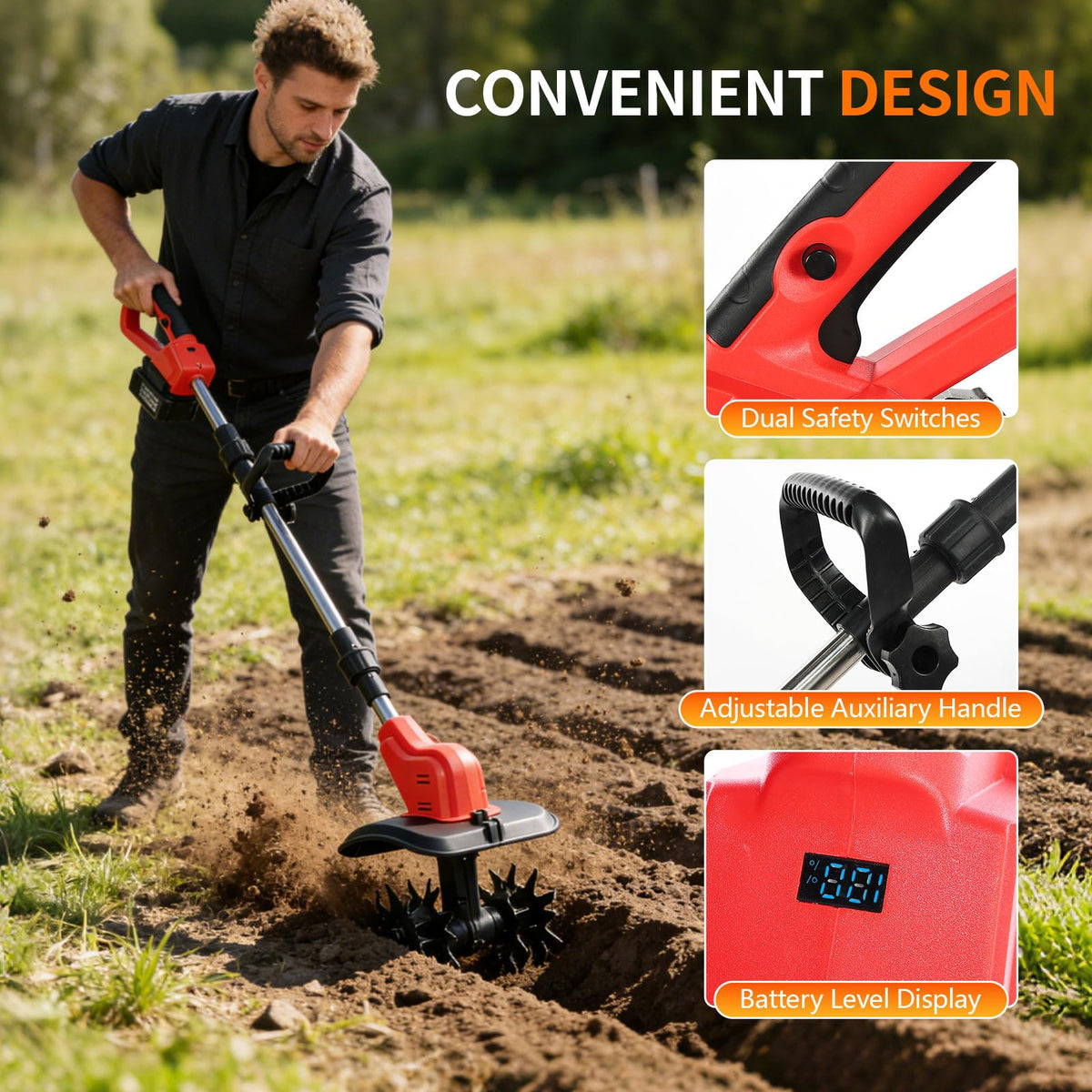 Opuliv cordless tiller working in a garden setting for bed preparation.