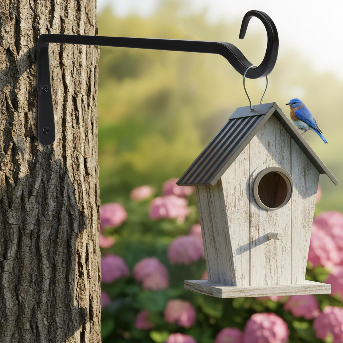 Opvixi plant hanger bracket in action with wind chimes or lanterns.