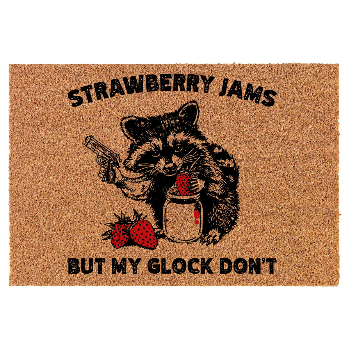 Or Something coir doormat with strawberry jams raccoon design welcomes guests at entryways.