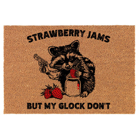 Or Something coir doormat with strawberry jams raccoon design welcomes guests at entryways.